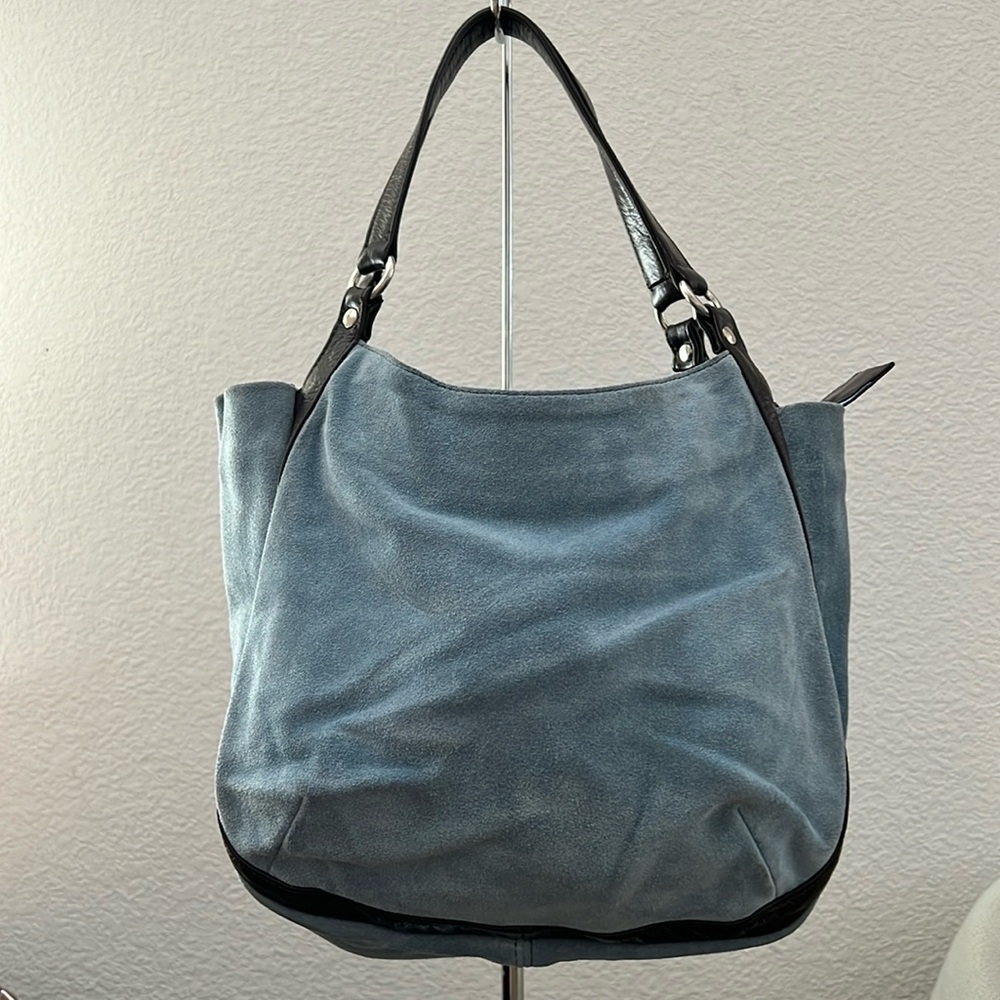 Lorelei blue suede and brown leather bag with green interior GUC